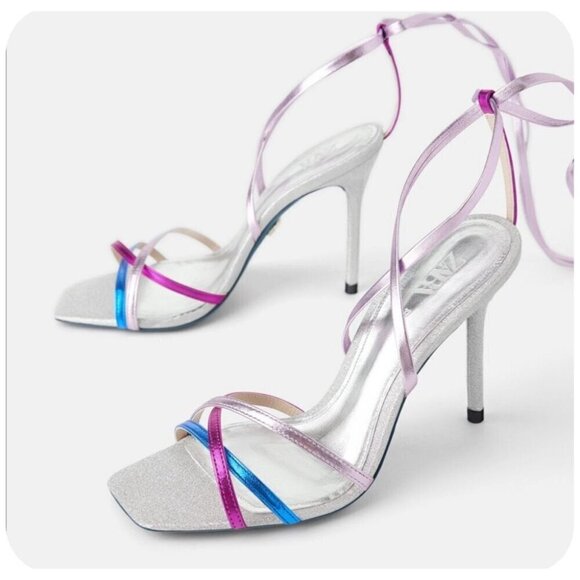 ZARA Blue Collection Sparkle Heels Lace-Up Glitter Metallic Formal Womens 7.5/38 - Picture 14 of 14